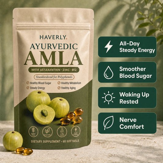 Haverly Ayurvedic Amla softgels — all-day steady energy, fewer spikes, fewer dips, waking up rested, nerve comfort