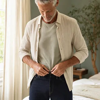 Man comfortably buttoning his jeans in morning light