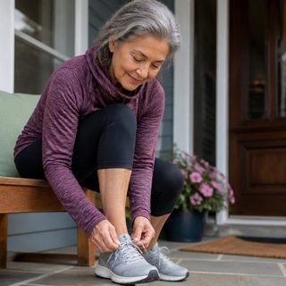 Woman lacing walking shoes