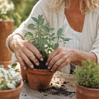 Hands repotting a herb plant at a garden table